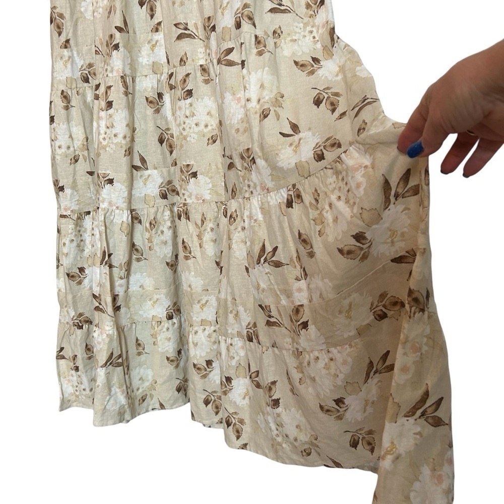 House of Harlow 1960 Cream and Brown Floral & Leaf Tiered Linen Blend Maxi Dress - Picture 3 of 16